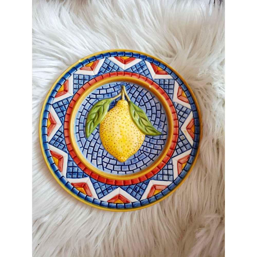 Clay Art Mosaic handpainted Y2K Lemon Plate Blue Yellow south San francisco 1999